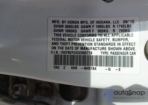 2012 Honda Civic Lx из США, поврежденный, VIN 19XFB2F53CE095779